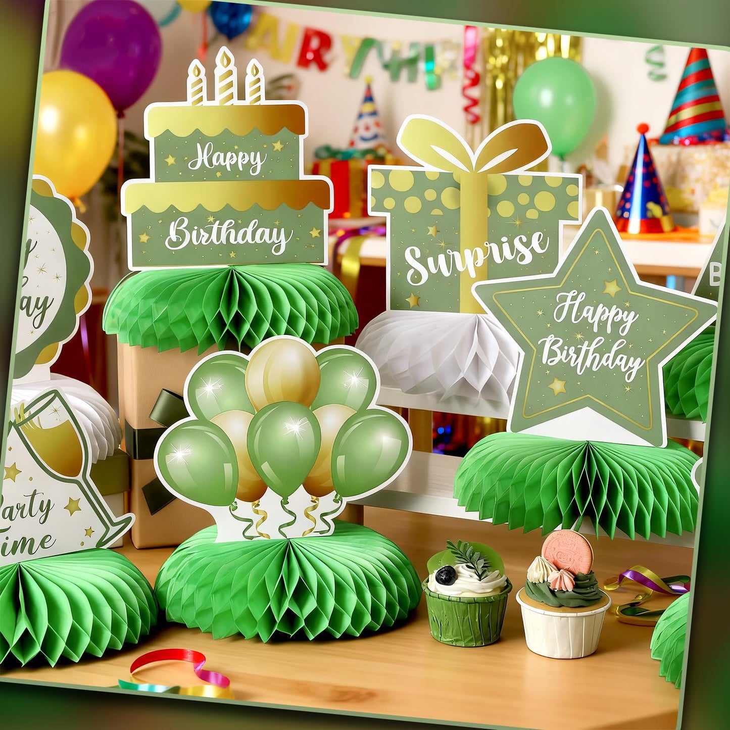 Yexiya 8 Pcs Sage Green Birthday Centerpieces – Happy Birthday Honeycomb Table Toppers