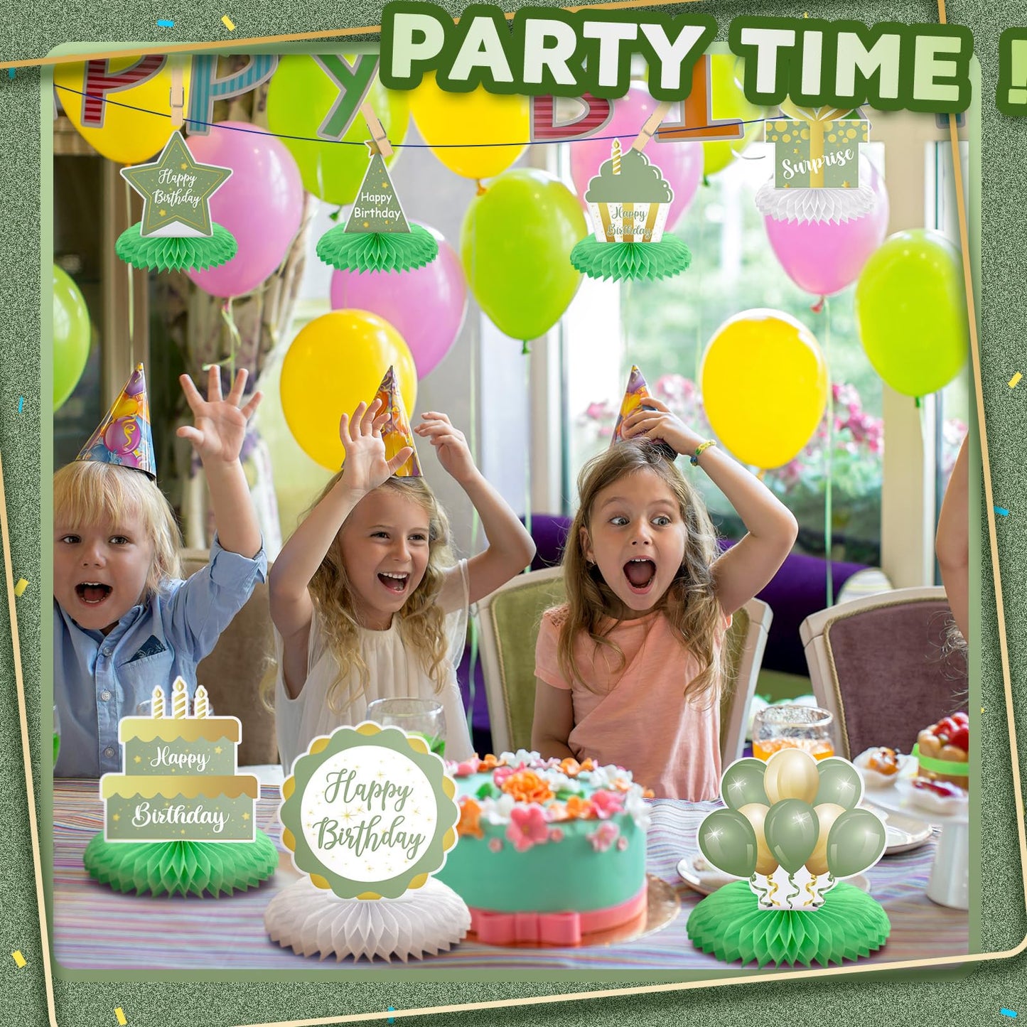 Yexiya 8 Pcs Sage Green Birthday Centerpieces – Happy Birthday Honeycomb Table Toppers