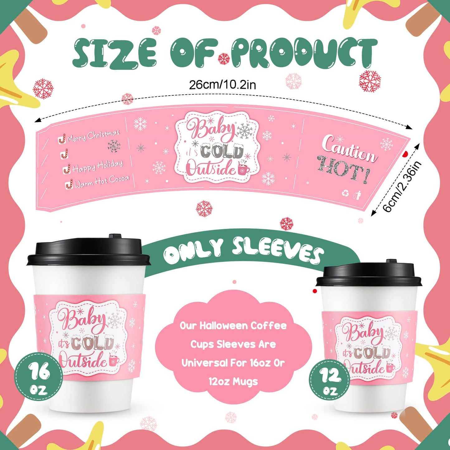 Yexiya 60 Pieces Christmas Cup Sleeves – Baby It's Cold Outside (Pink & Silver) for 12oz/16oz Cups