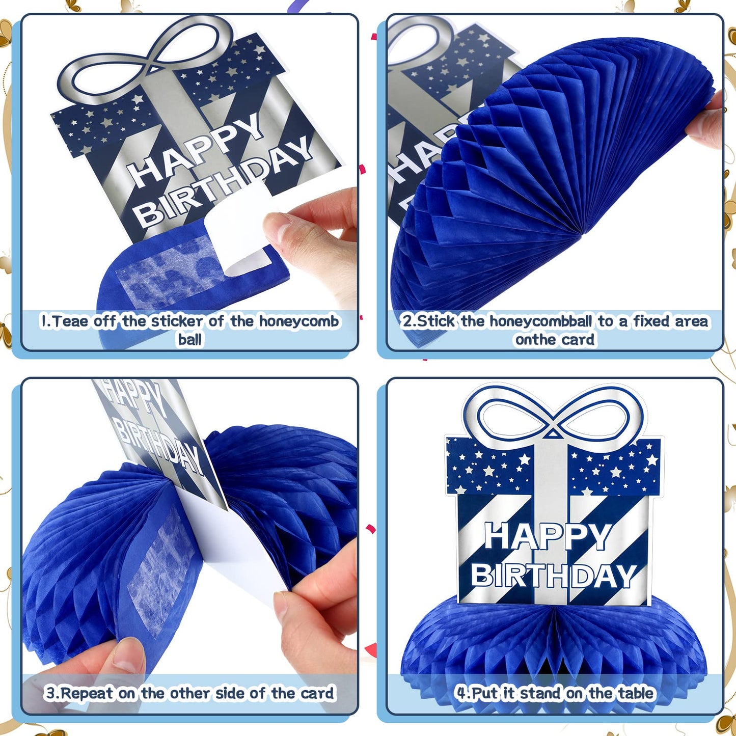 Yexiya 9 Pieces Happy Birthday Centerpieces – Blue & Silver Honeycomb Table Decor