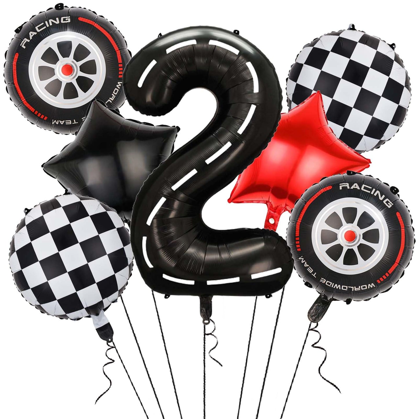 Yexnum Race Car Balloons – 40in Racetrack Number 2 Balloon Set (7 Pcs) – Black Party Decor