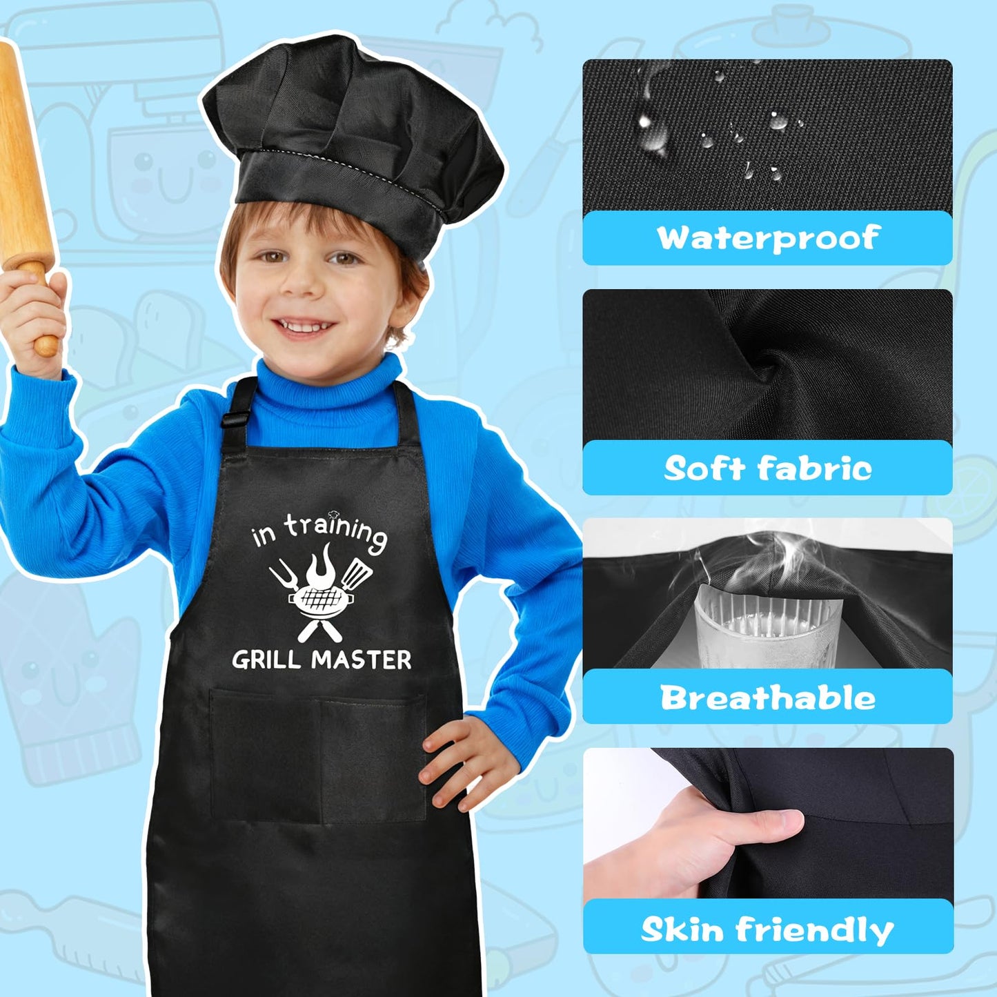 YFDFFSDCY Kids Apron & Chef Hat Set – GRILL MASTER in Training | Adjustable, Waterproof