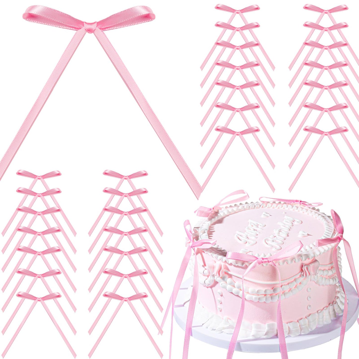 YGDZ Pink Bows for Cake – 30 Pcs Satin Ribbon Topper