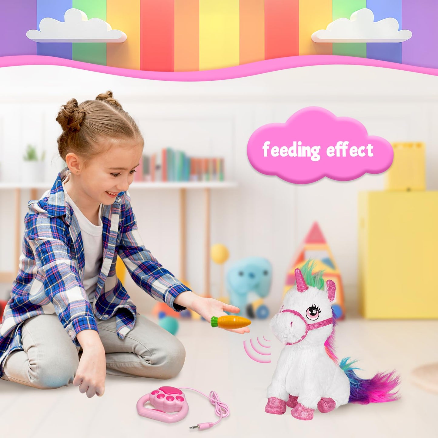 YH YUHUNG Interactive Unicorn Toy with Leash Remote — Walks, Sits, Eats, and Light-Up Horn