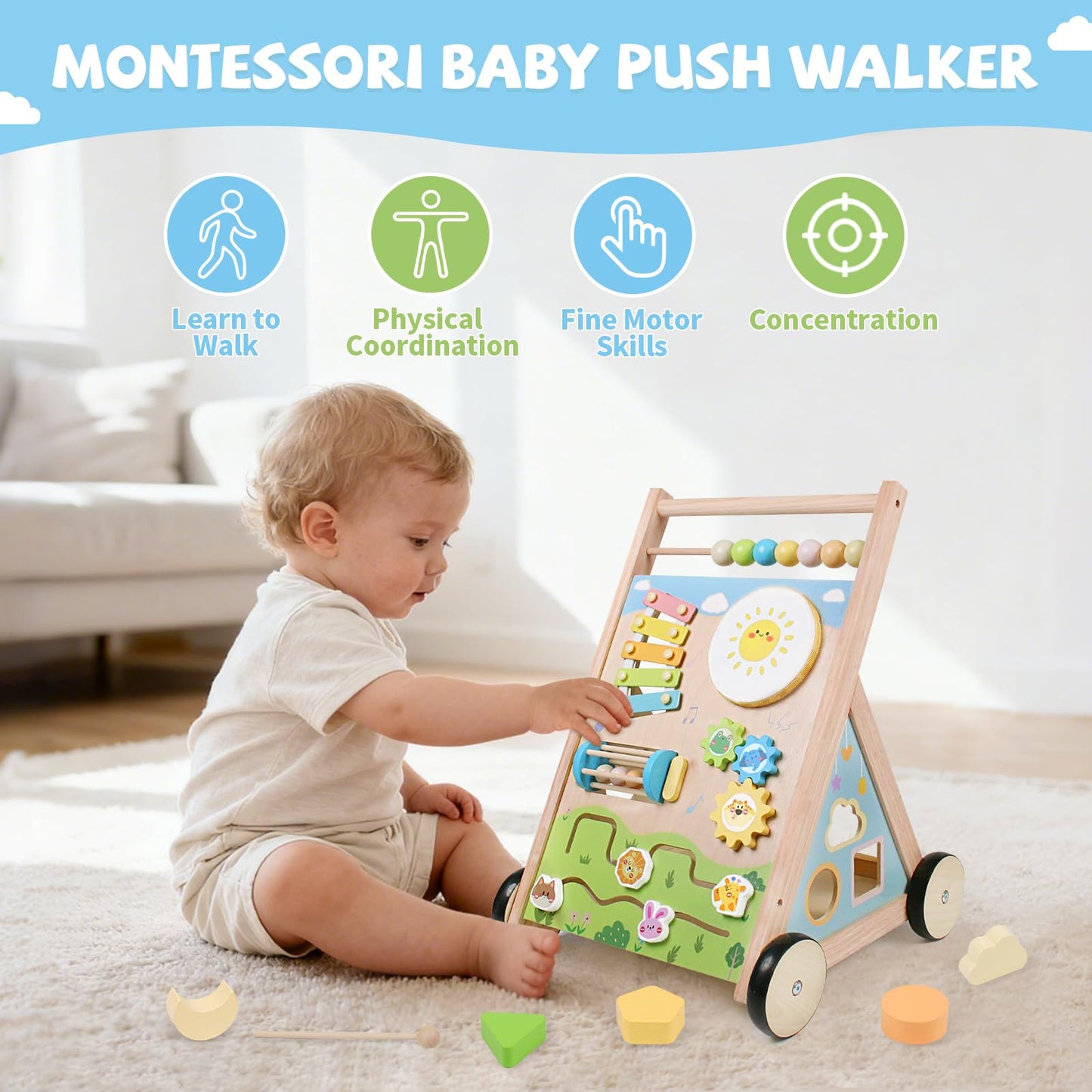 YHHYTOY Wooden Baby Walker with Wheels | Montessori Activity Center for 6-12 Months
