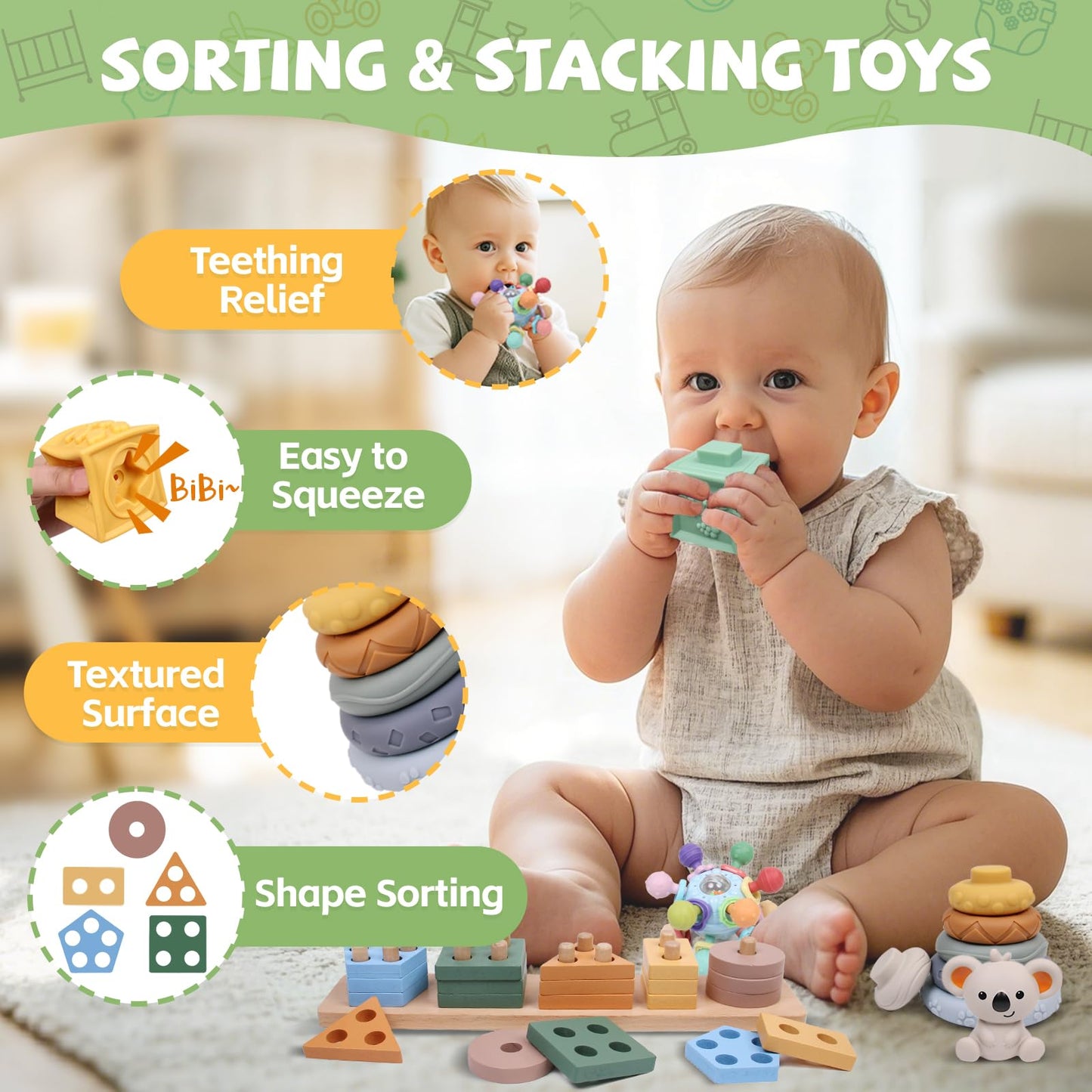 YHHYTOY 6-in-1 Montessori Baby Toys for 0-12 Months | Teething, Stacking & Shape Sorter