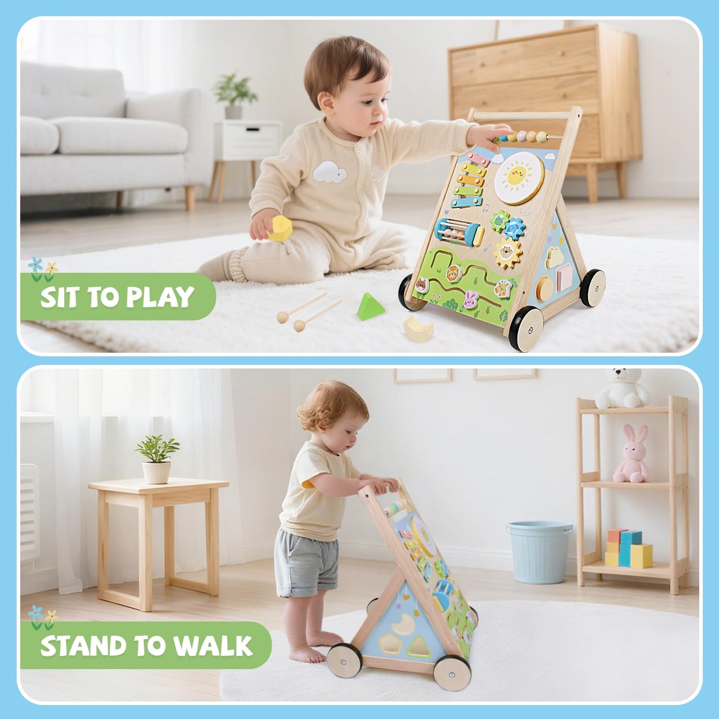 YHHYTOY Wooden Baby Walker with Wheels | Montessori Activity Center for 6-12 Months