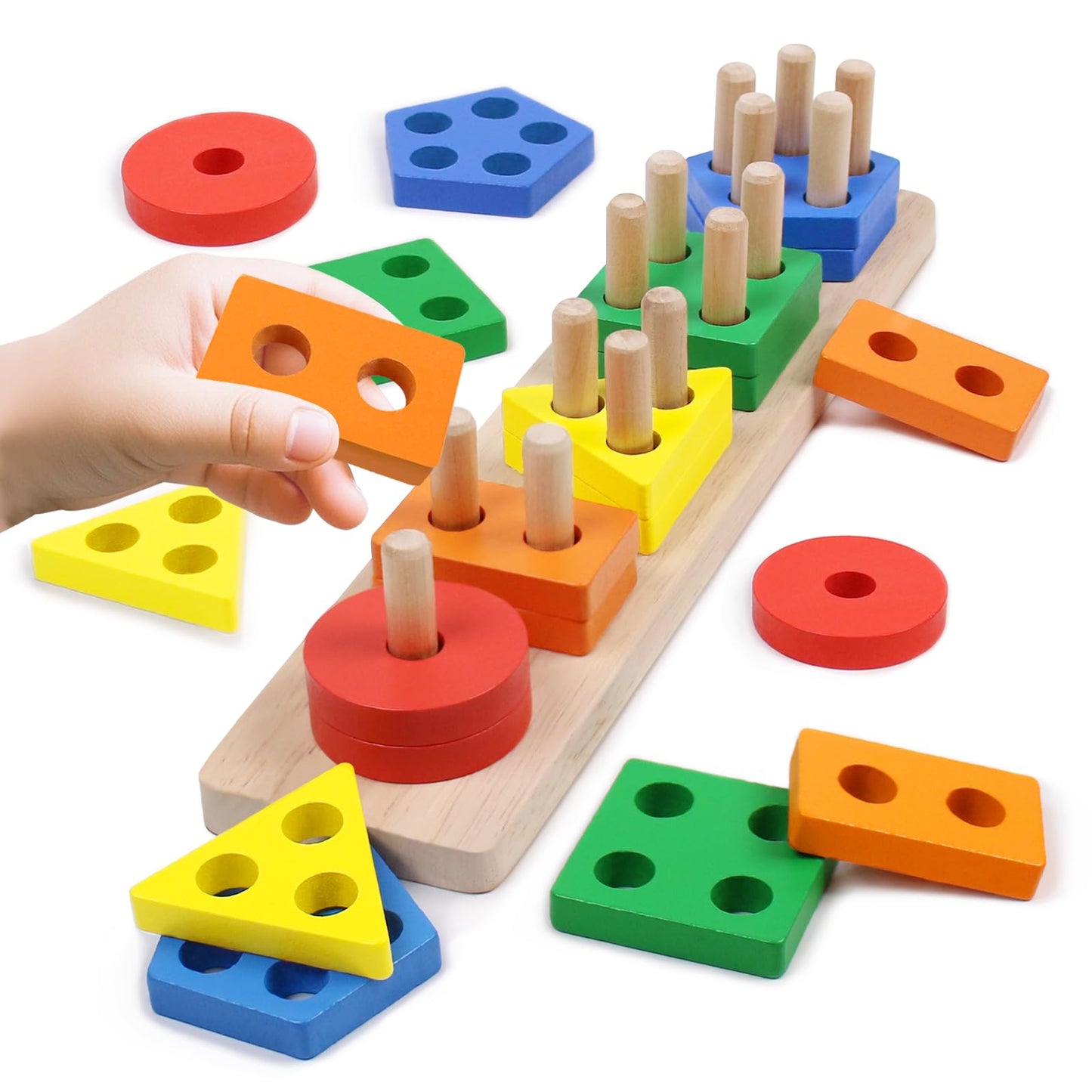 YHHYTOY Montessori Toys for 1-3 Year Olds | Wooden Stacking Blocks & Shape Sorter
