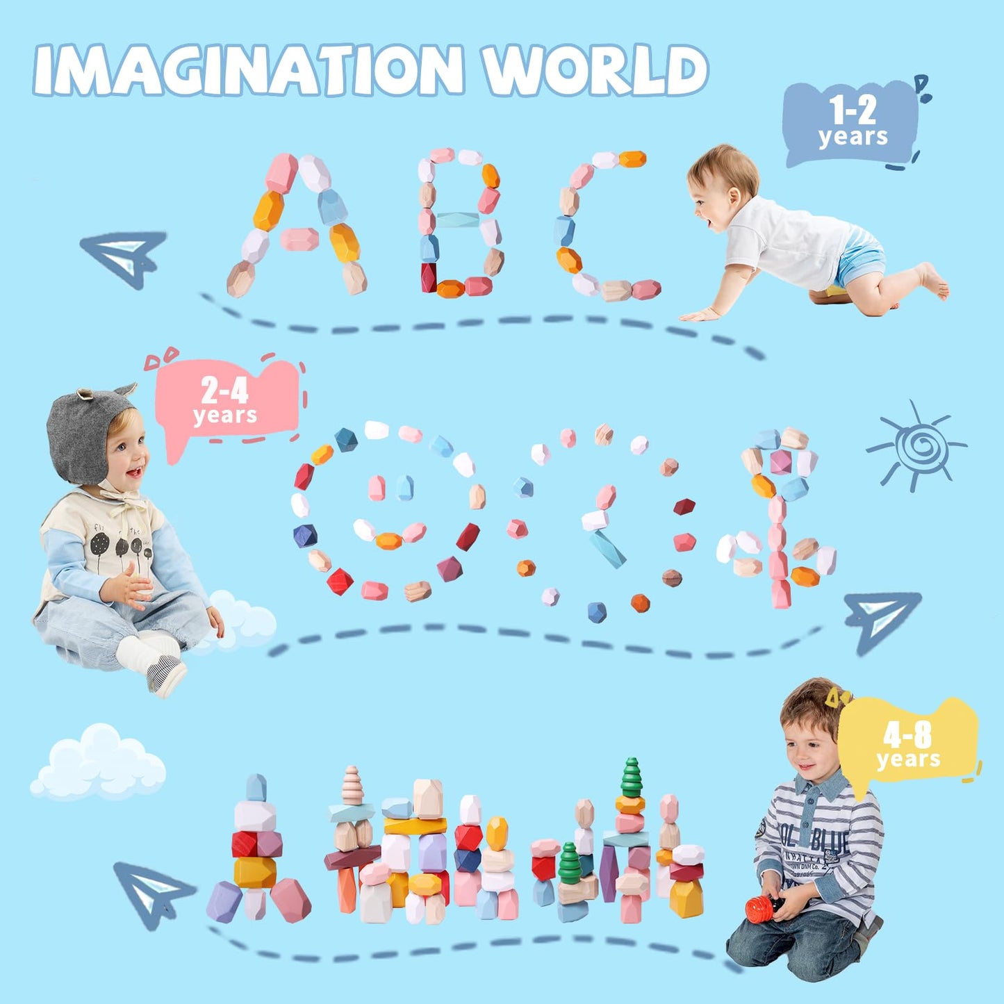 YHHYTOY 48-Piece Wooden Stacking Stones — Montessori Blocks for 3+ Year Olds