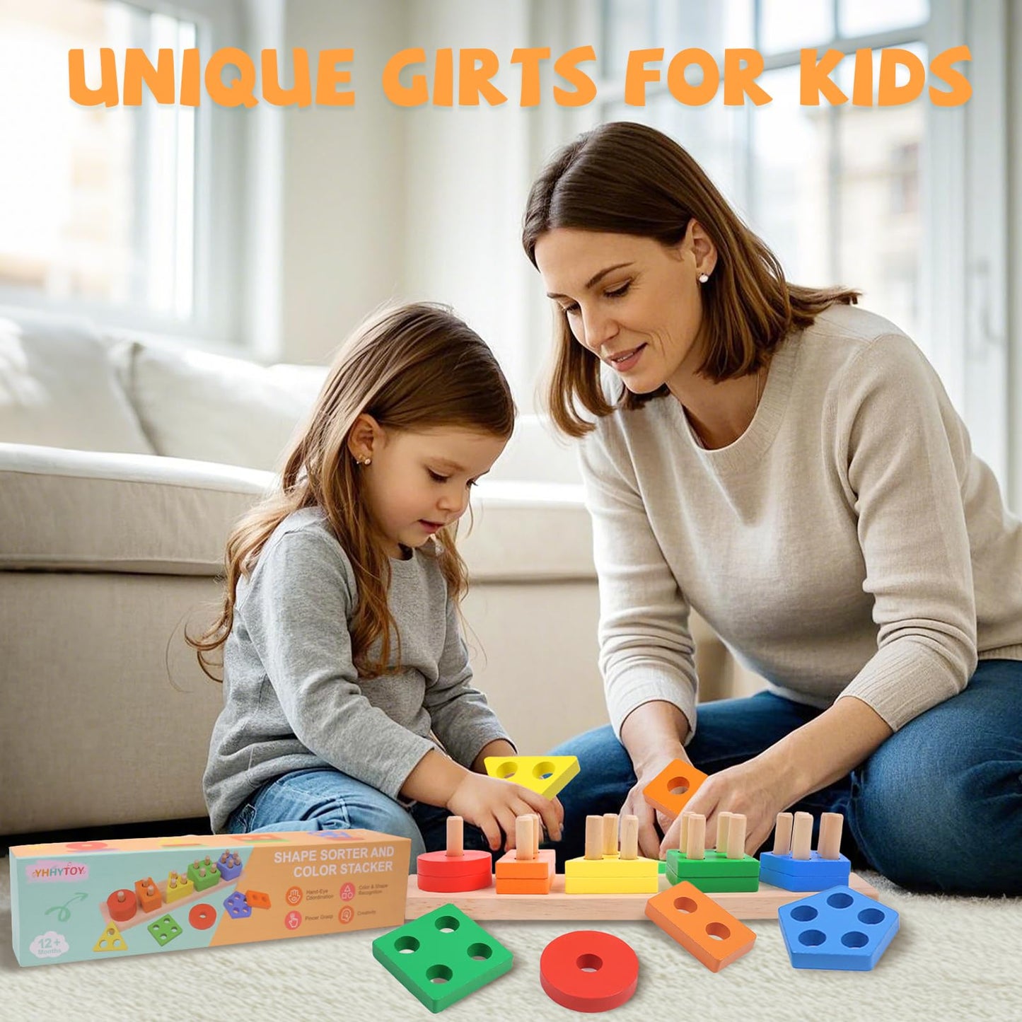 YHHYTOY Montessori Toys for 1-3 Year Olds | Wooden Stacking Blocks & Shape Sorter