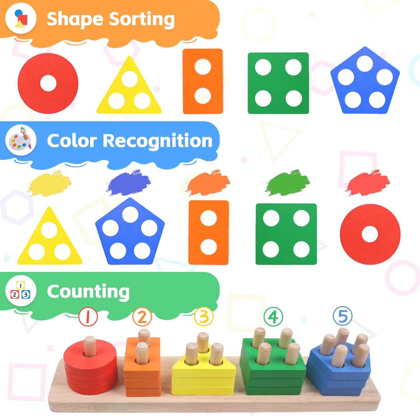 YHHYTOY Montessori Toys for 1-3 Year Olds | Wooden Stacking Blocks & Shape Sorter