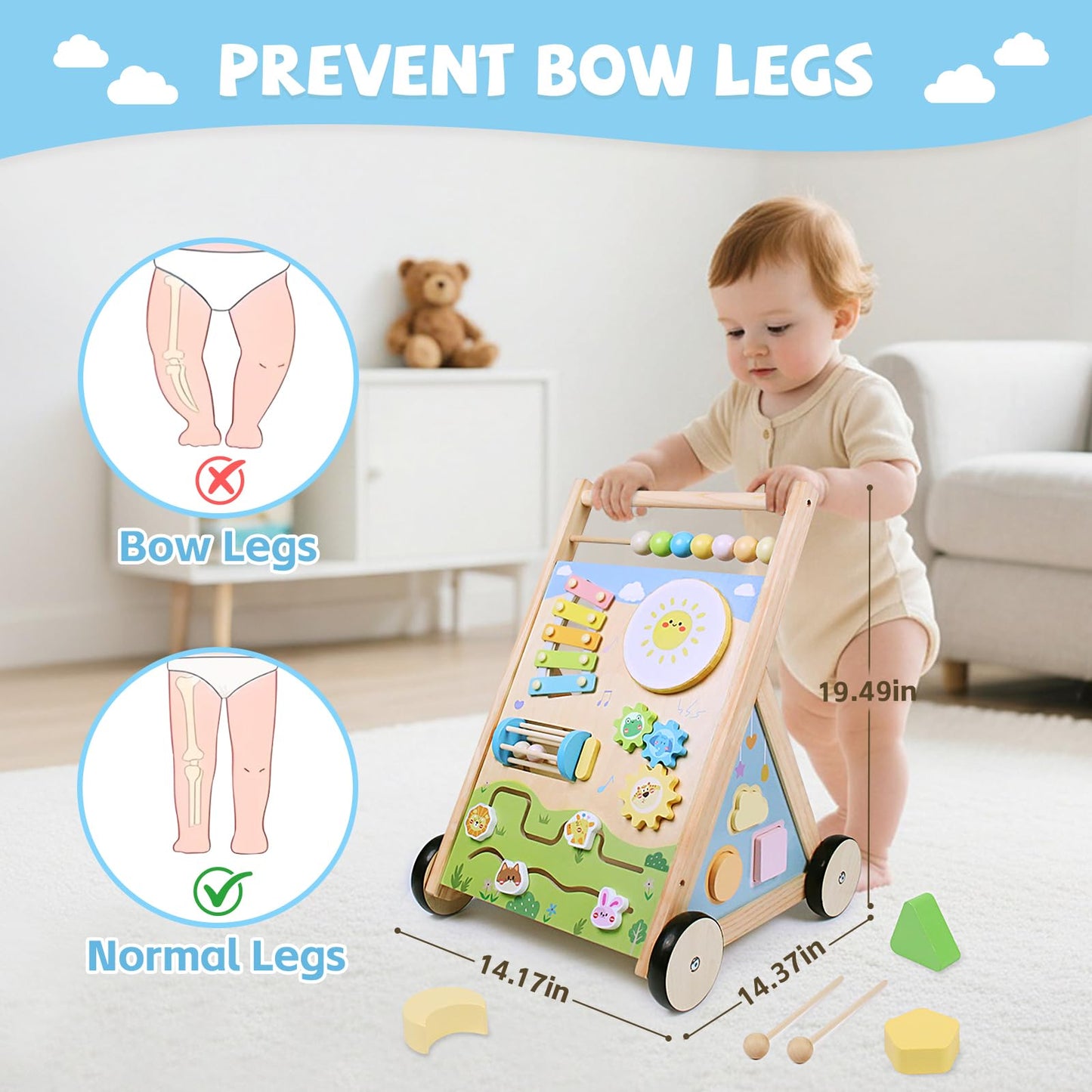 YHHYTOY Wooden Baby Walker with Wheels | Montessori Activity Center for 6-12 Months