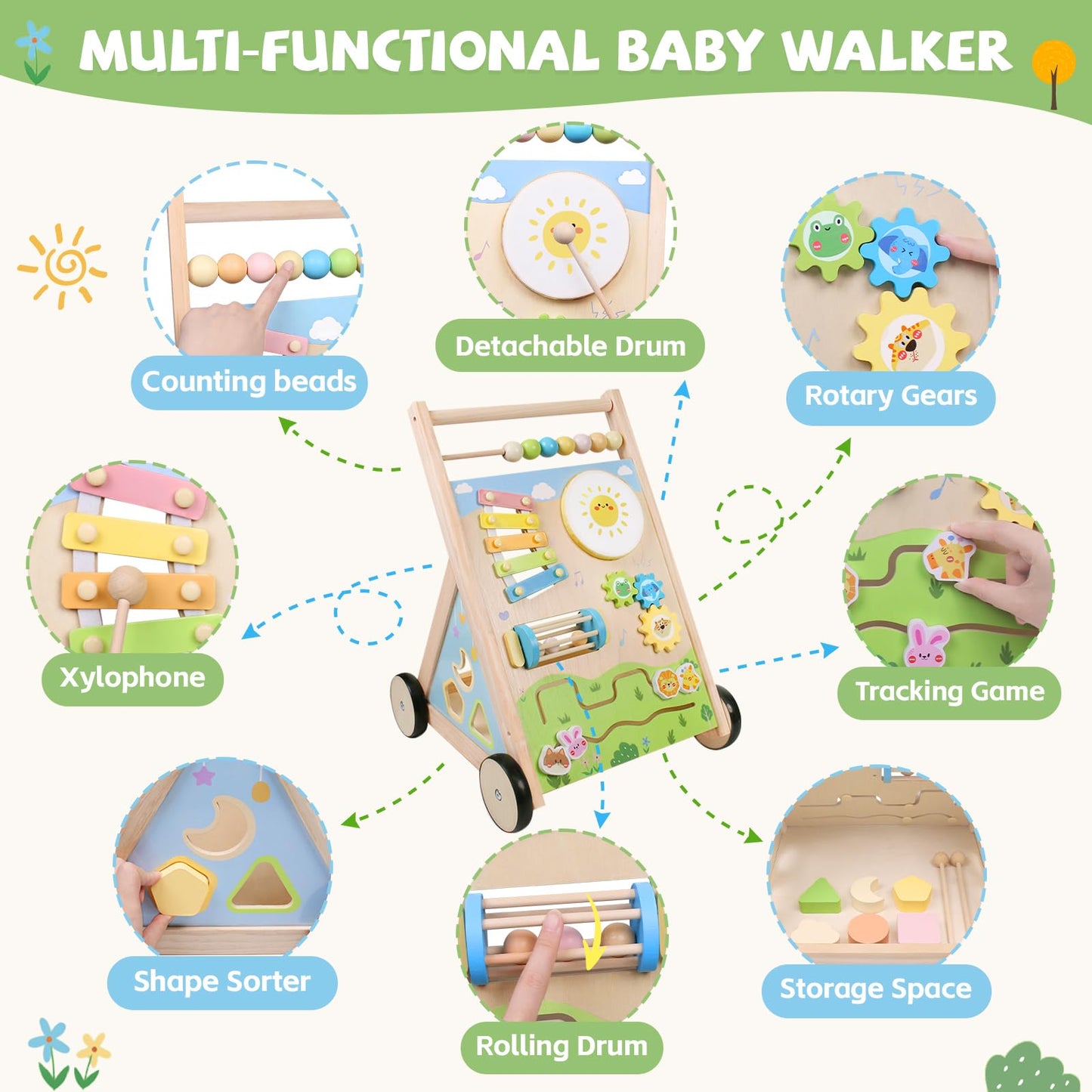 YHHYTOY Wooden Baby Walker with Wheels | Montessori Activity Center for 6-12 Months