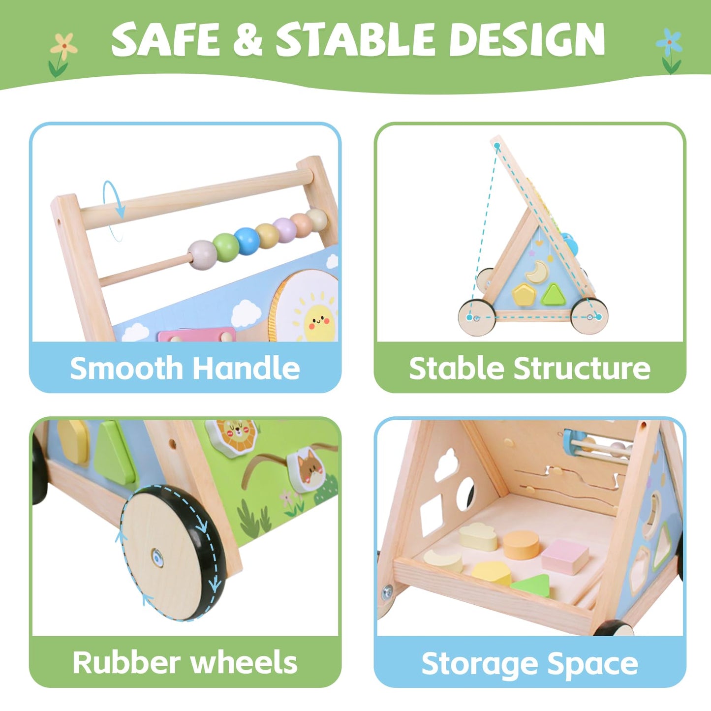 YHHYTOY Wooden Baby Walker with Wheels | Montessori Activity Center for 6-12 Months