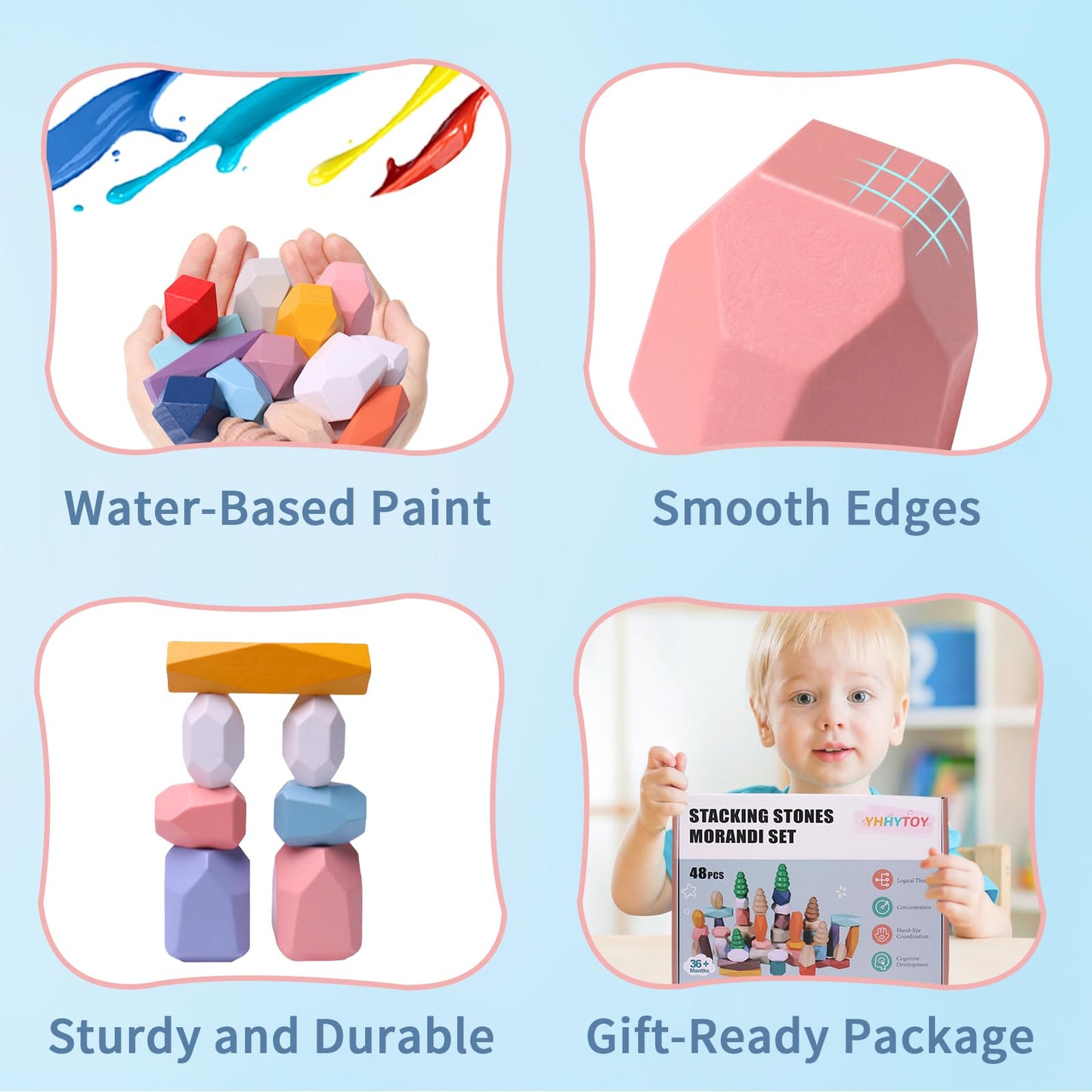 YHHYTOY 48-Piece Wooden Stacking Stones — Montessori Blocks for 3+ Year Olds
