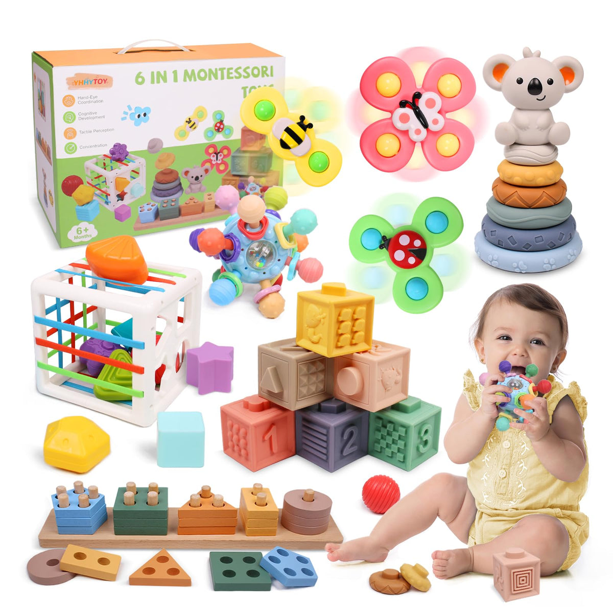 YHHYTOY 6-in-1 Montessori Baby Toys for 0-12 Months | Teething, Stacking & Shape Sorter