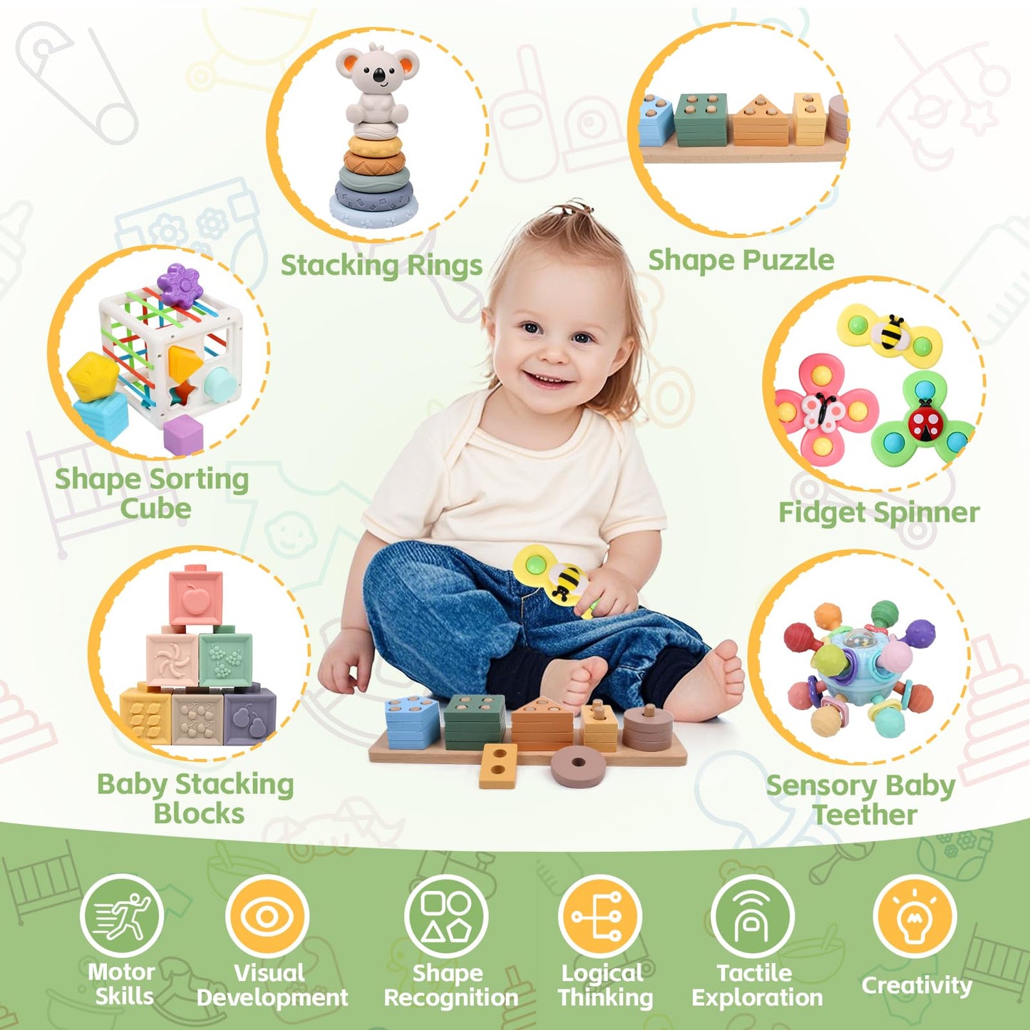 YHHYTOY 6-in-1 Montessori Baby Toys for 0-12 Months | Teething, Stacking & Shape Sorter