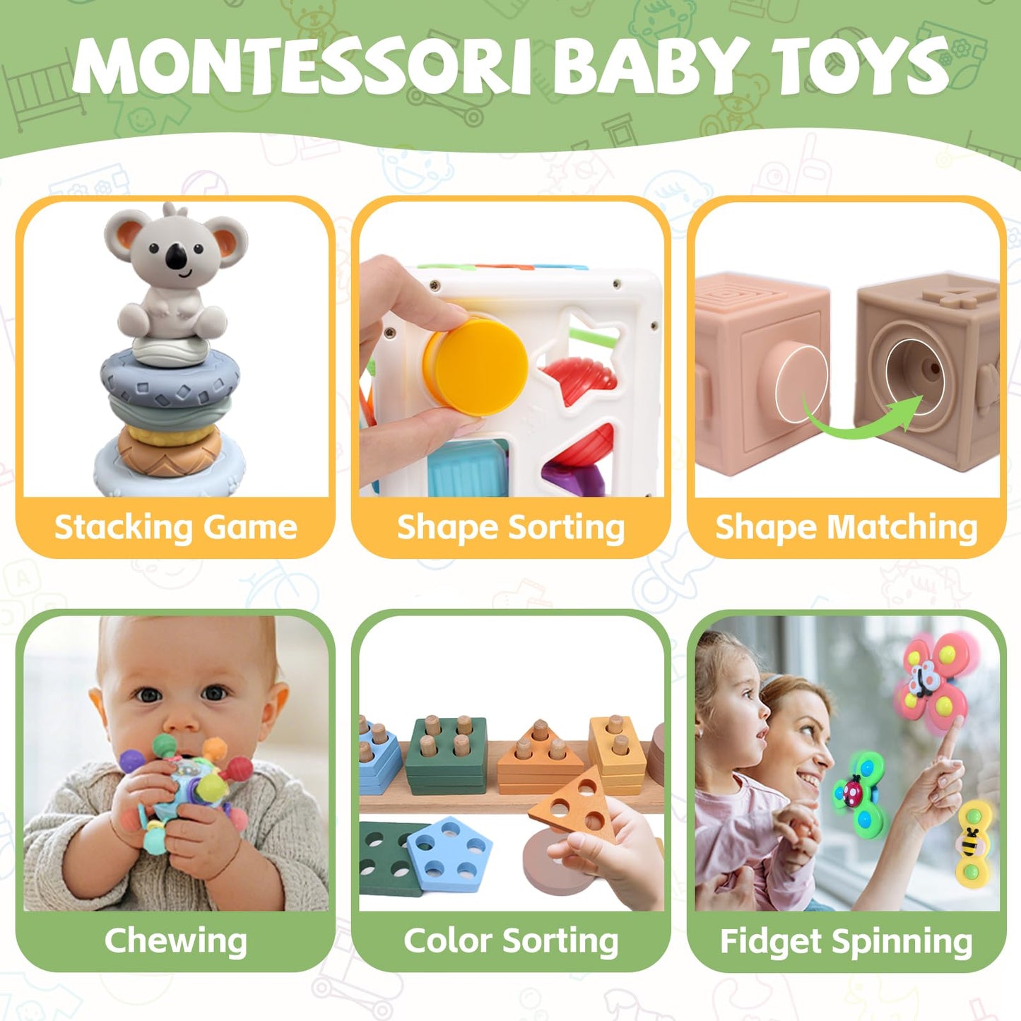 YHHYTOY 6-in-1 Montessori Baby Toys for 0-12 Months | Teething, Stacking & Shape Sorter