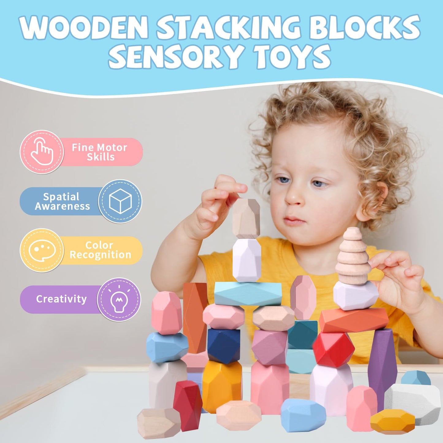 YHHYTOY 48-Piece Wooden Stacking Stones — Montessori Blocks for 3+ Year Olds