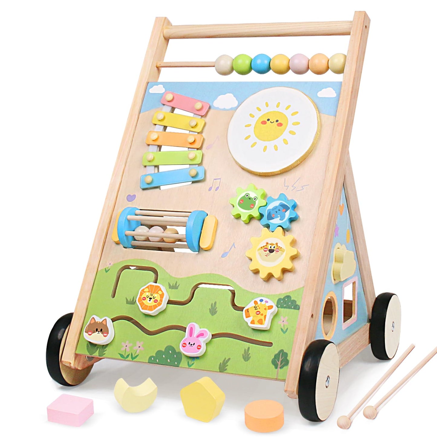 YHHYTOY Wooden Baby Walker with Wheels | Montessori Activity Center for 6-12 Months
