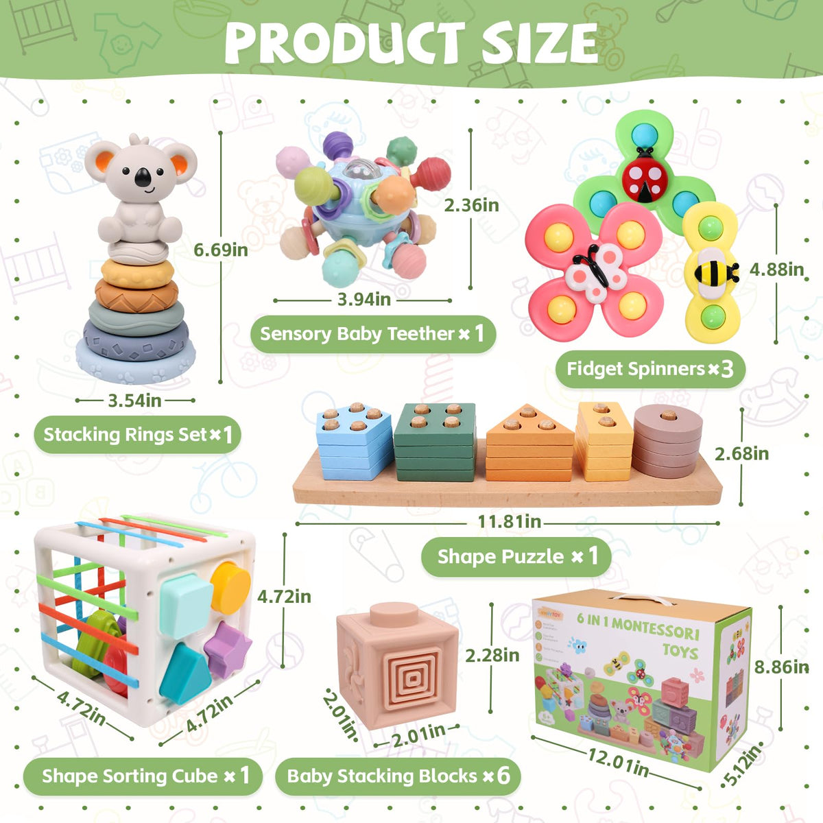 YHHYTOY 6-in-1 Montessori Baby Toys for 0-12 Months | Teething, Stacking & Shape Sorter