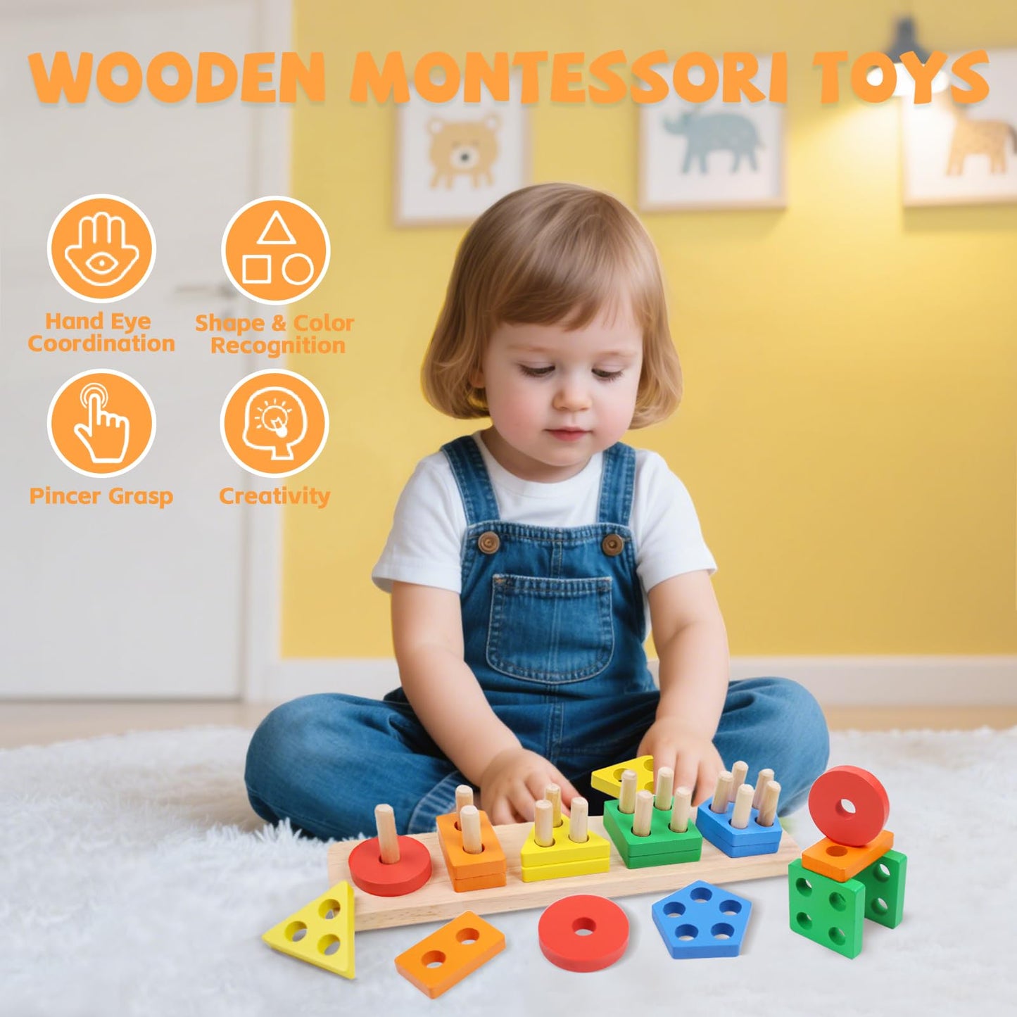 YHHYTOY Montessori Toys for 1-3 Year Olds | Wooden Stacking Blocks & Shape Sorter