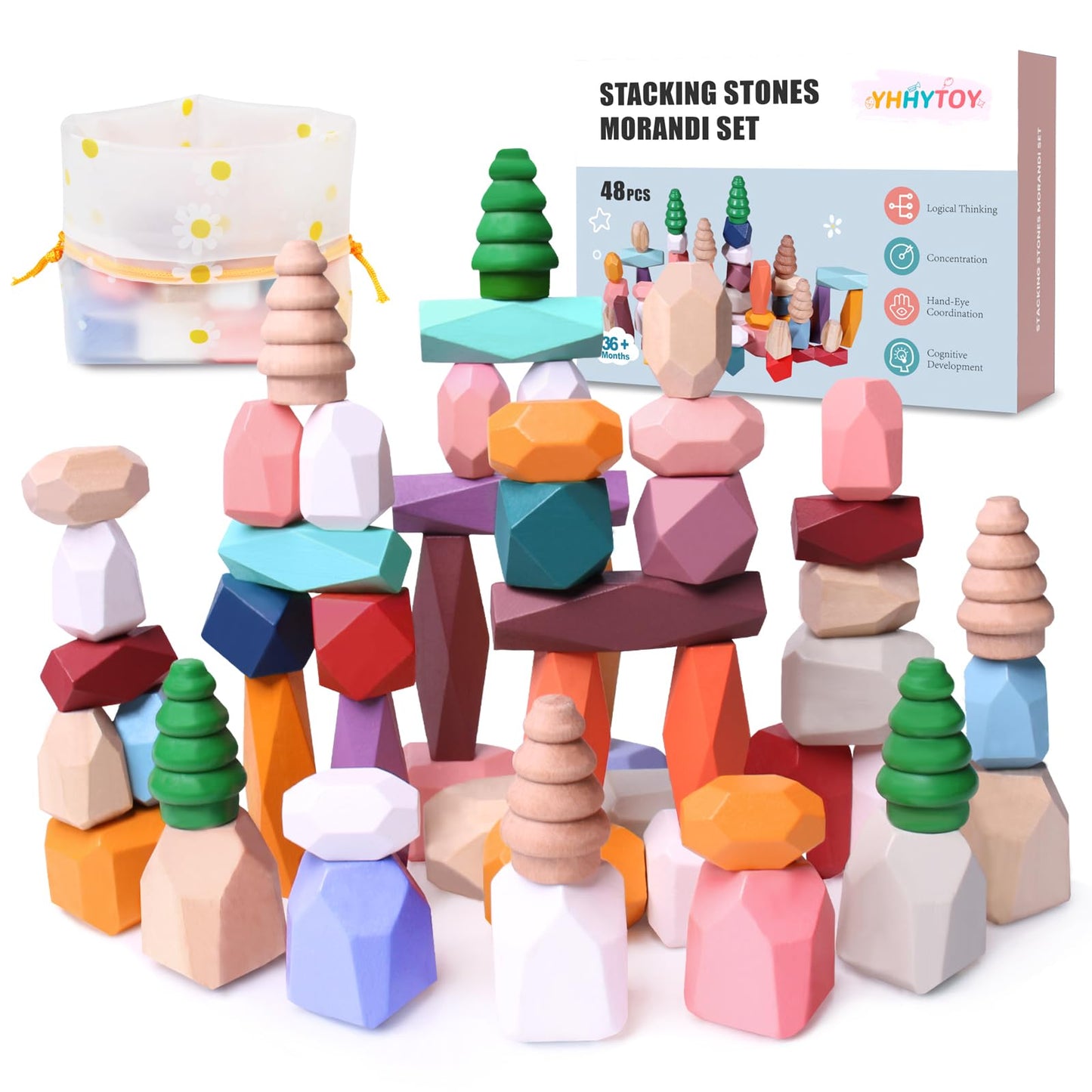 YHHYTOY 48-Piece Wooden Stacking Stones — Montessori Blocks for 3+ Year Olds