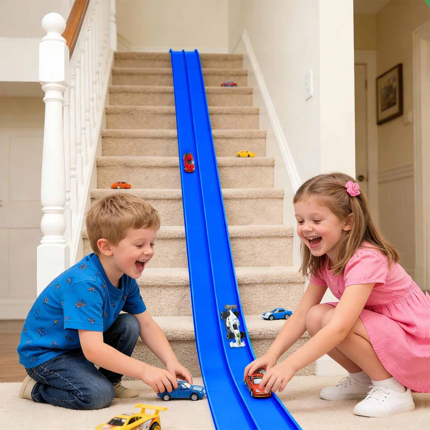 YHJZ 16ft Flexible Race Car Track Starter Set with Suction Cups – Portable Dual-Lane Ramp Track (Blue)