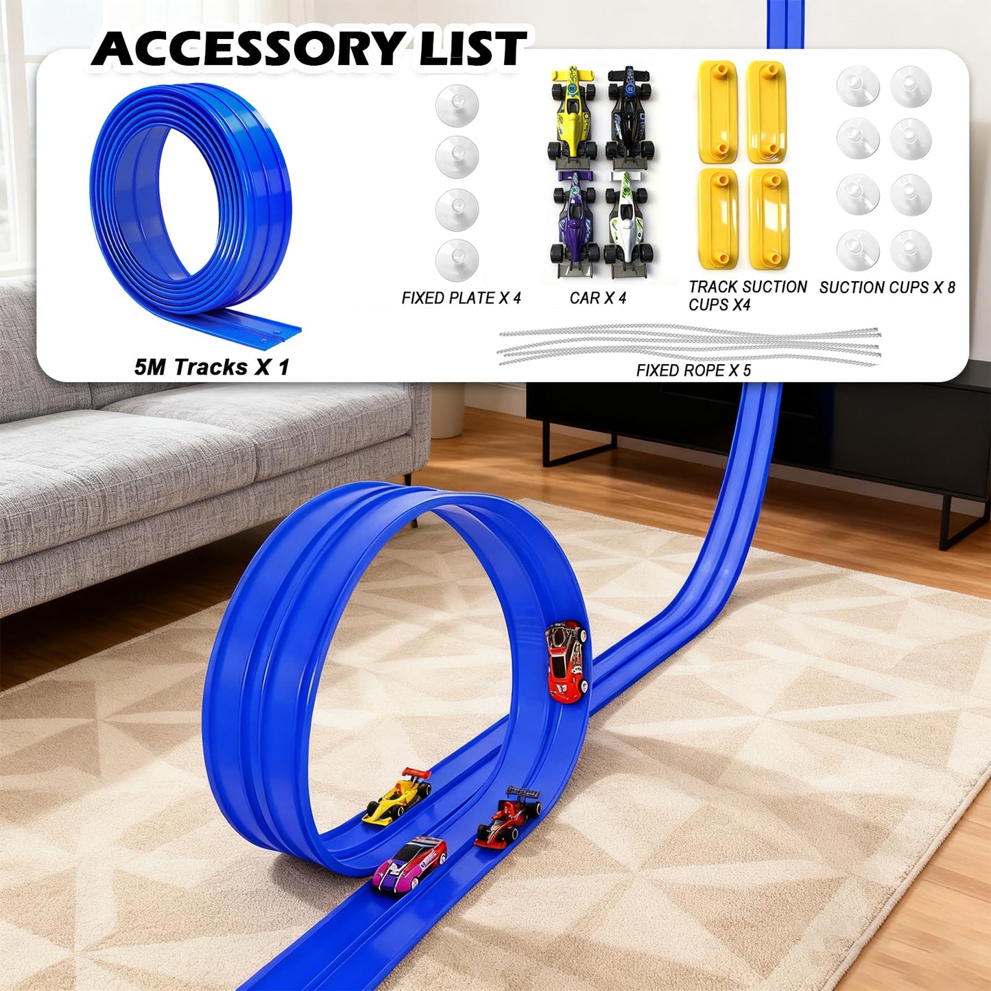 YHJZ 16ft Flexible Race Car Track Starter Set with Suction Cups – Portable Dual-Lane Ramp Track (Blue)