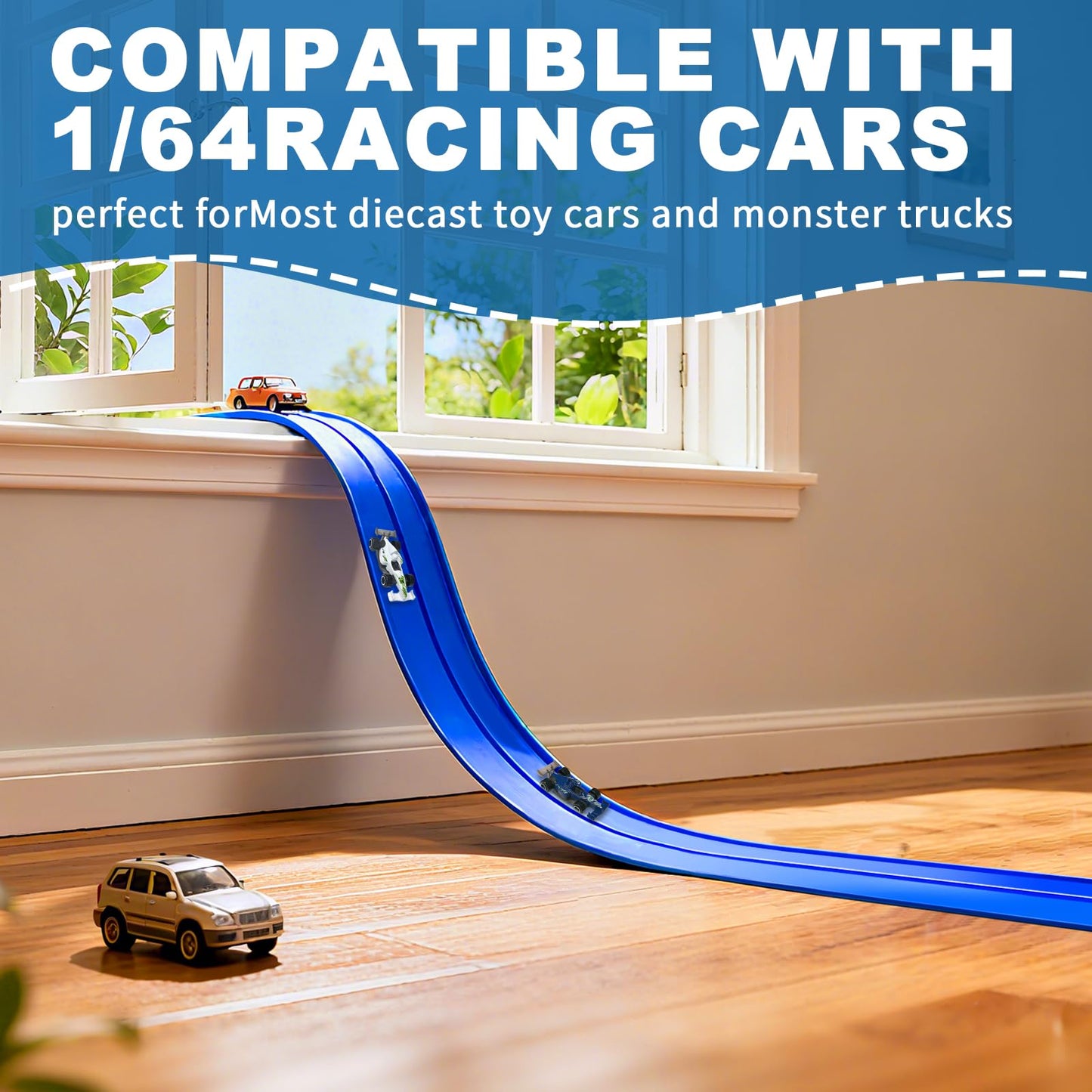 YHJZ 16ft Flexible Race Car Track Starter Set with Suction Cups – Portable Dual-Lane Ramp Track (Blue)