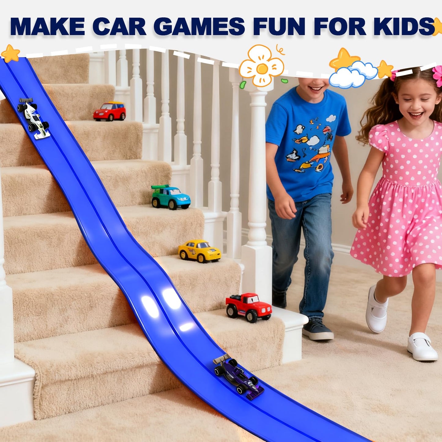 YHJZ 16ft Flexible Race Car Track Starter Set with Suction Cups – Portable Dual-Lane Ramp Track (Blue)