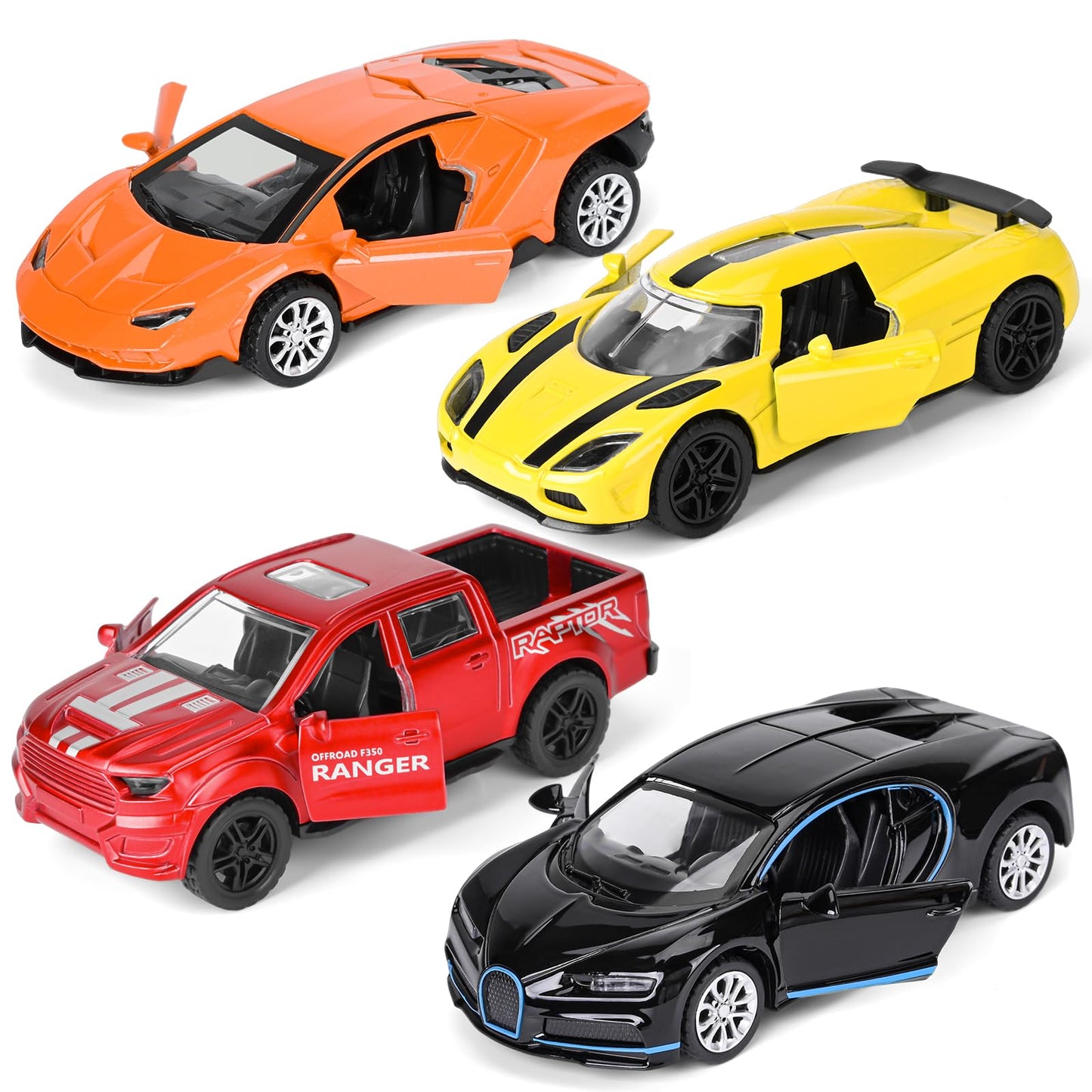 YHXKJ 4 Pack Diecast Cars – Opening Doors, 1:36 Scale Pull-Back Toys