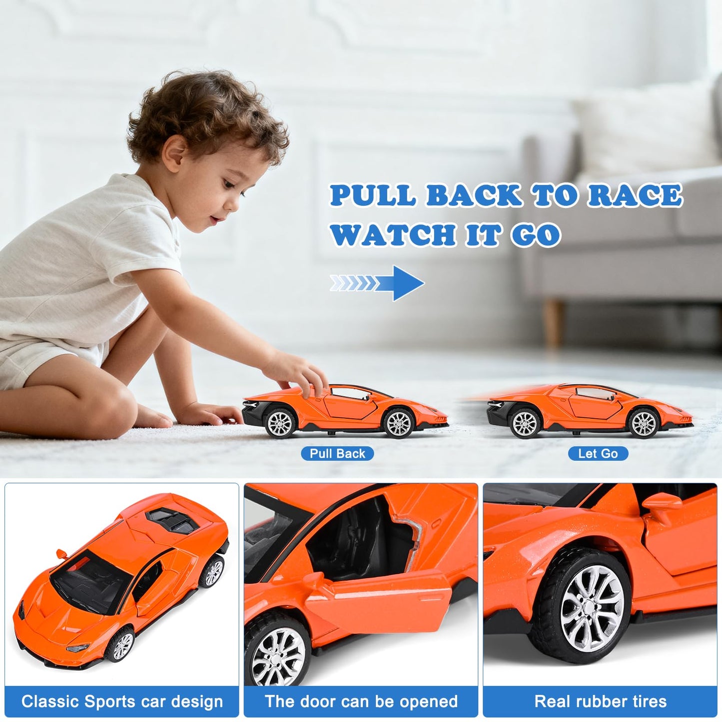 YHXKJ 4 Pack Diecast Cars – Opening Doors, 1:36 Scale Pull-Back Toys