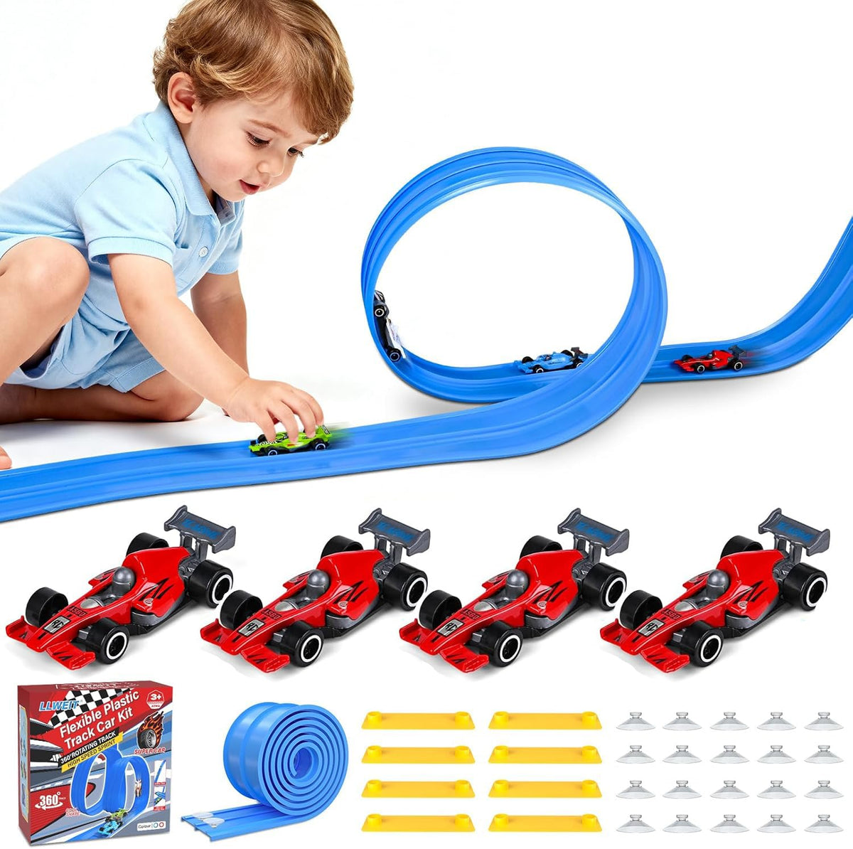 YHXKJ Plastic Flexible Race Car Track – 13ft Roll-Up with 20 Suction Cups, 1:64 Diecast Compatible