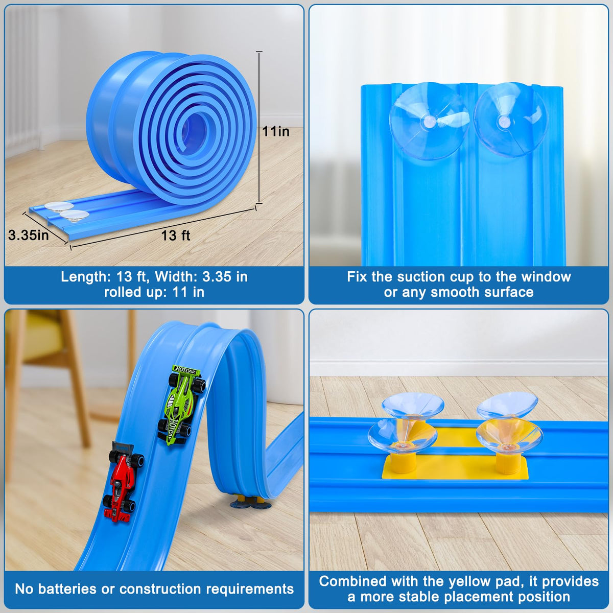 YHXKJ Plastic Flexible Race Car Track – 13ft Roll-Up with 20 Suction Cups, 1:64 Diecast Compatible
