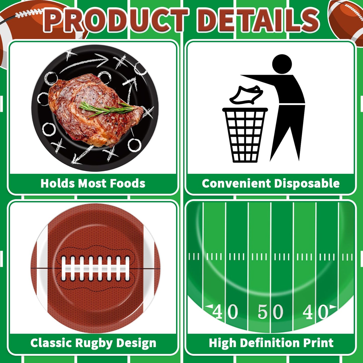 Yiaoyinnz 60Pcs Football Paper Plates – 18 cm Disposable Stadium-Themed Dinnerware for Sports Events