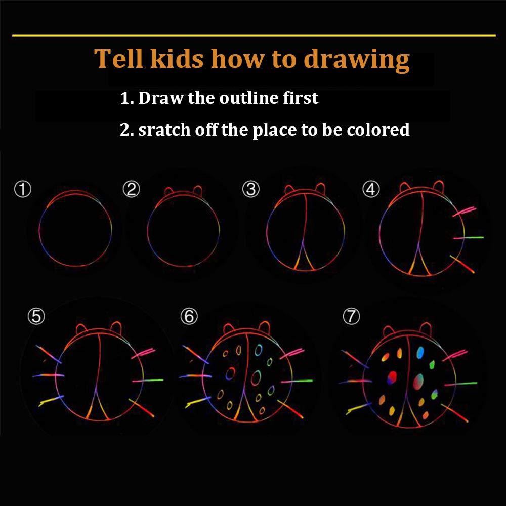 Yibeishu Rainbow Magic Scratch Art Kit for Kids – 50 Sheets + 6 Wooden Styluses