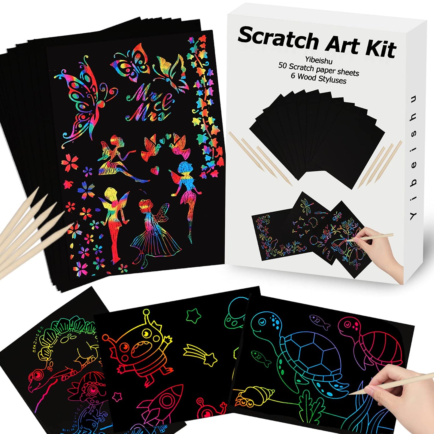 Yibeishu Rainbow Magic Scratch Art Kit for Kids – 50 Sheets + 6 Wooden Styluses