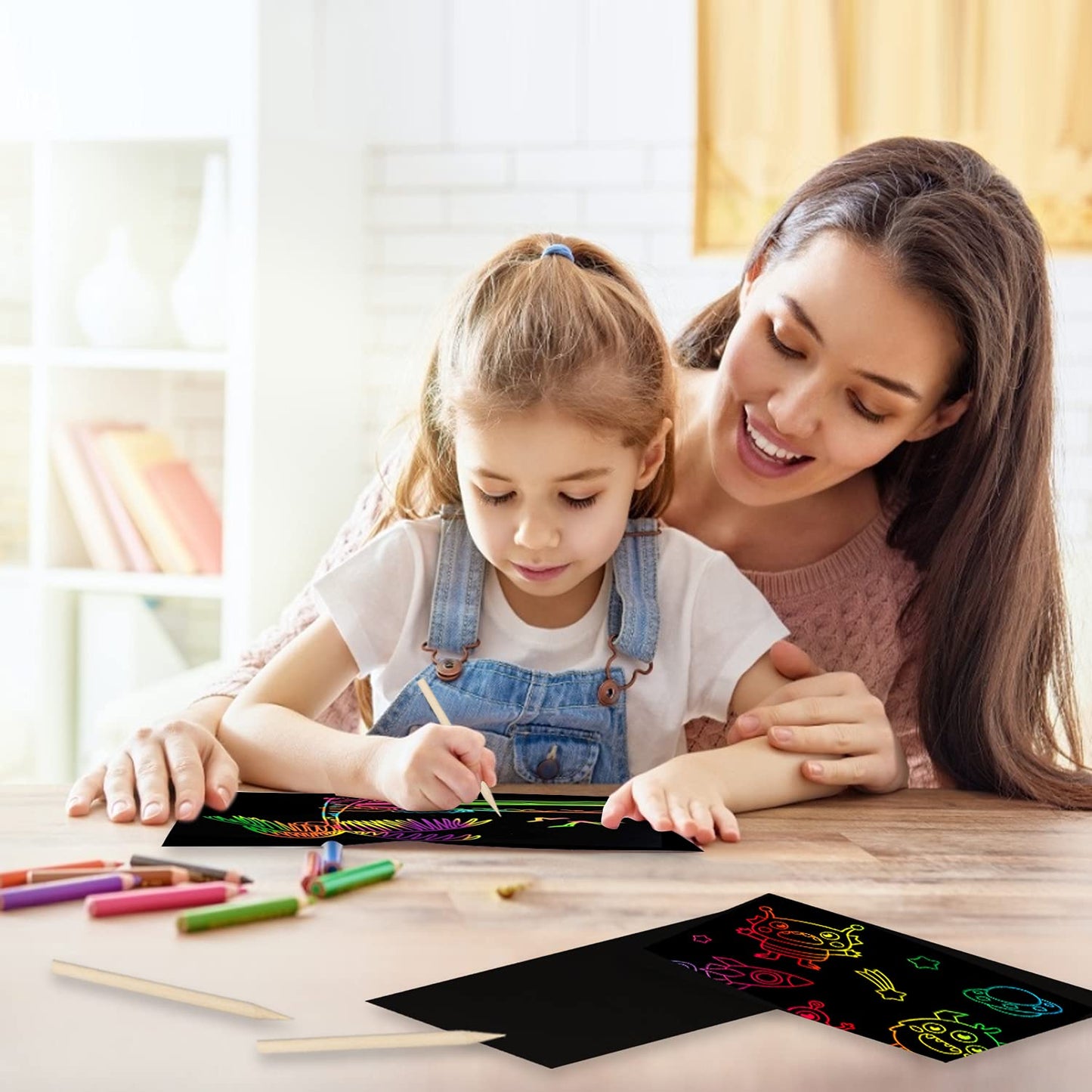 Yibeishu Rainbow Magic Scratch Art Kit for Kids – 50 Sheets + 6 Wooden Styluses