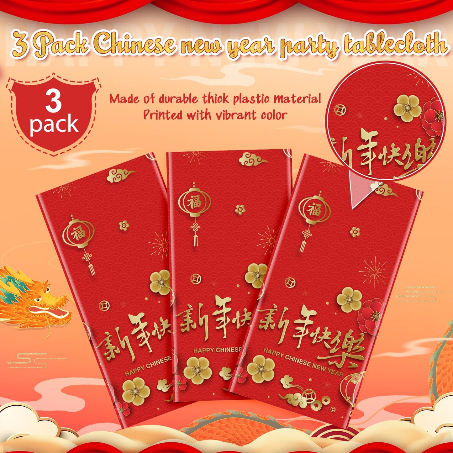 YIDAKO 3-Pack Chinese New Year Tablecloths 108 x 54 in | Disposable Red Festive Table Covers