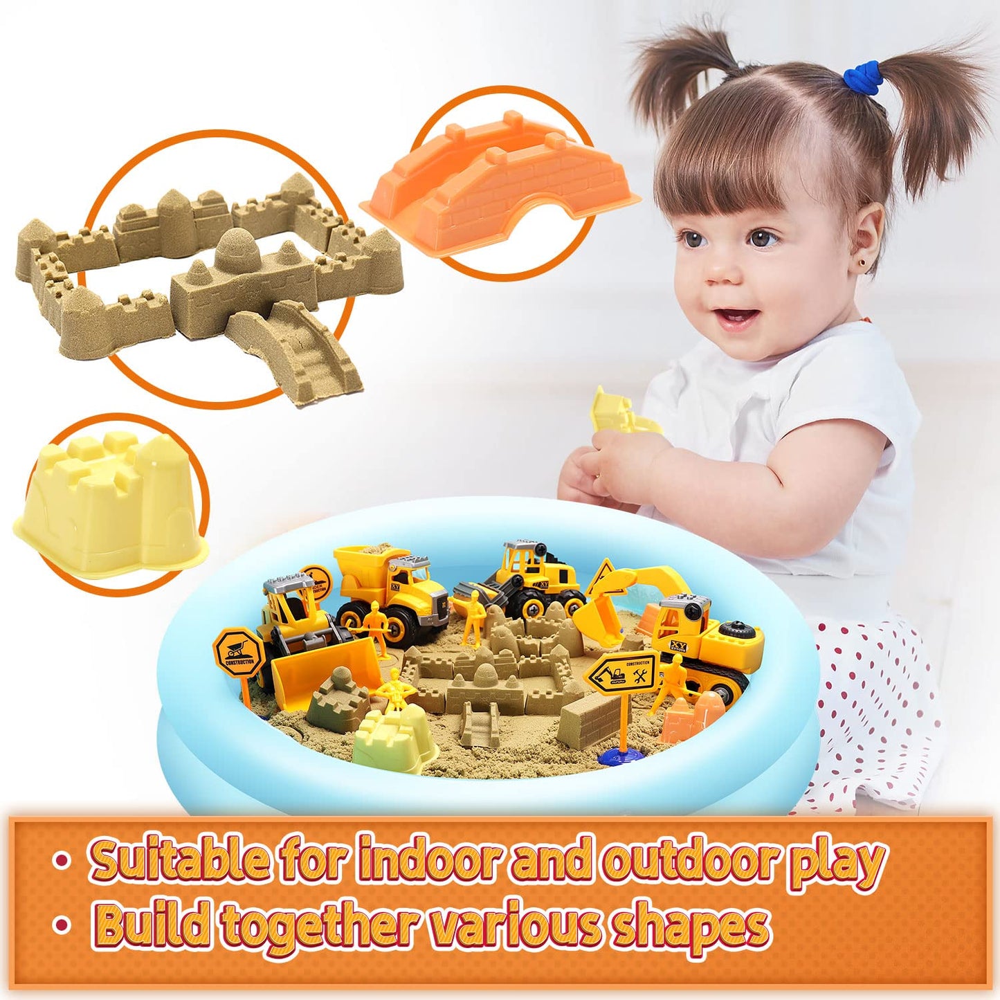 YIDESTARS Play Construction Sand Kit — 2.2 lbs Sand, 4 Take-Apart Trucks, 8 Figures & 8 Molds