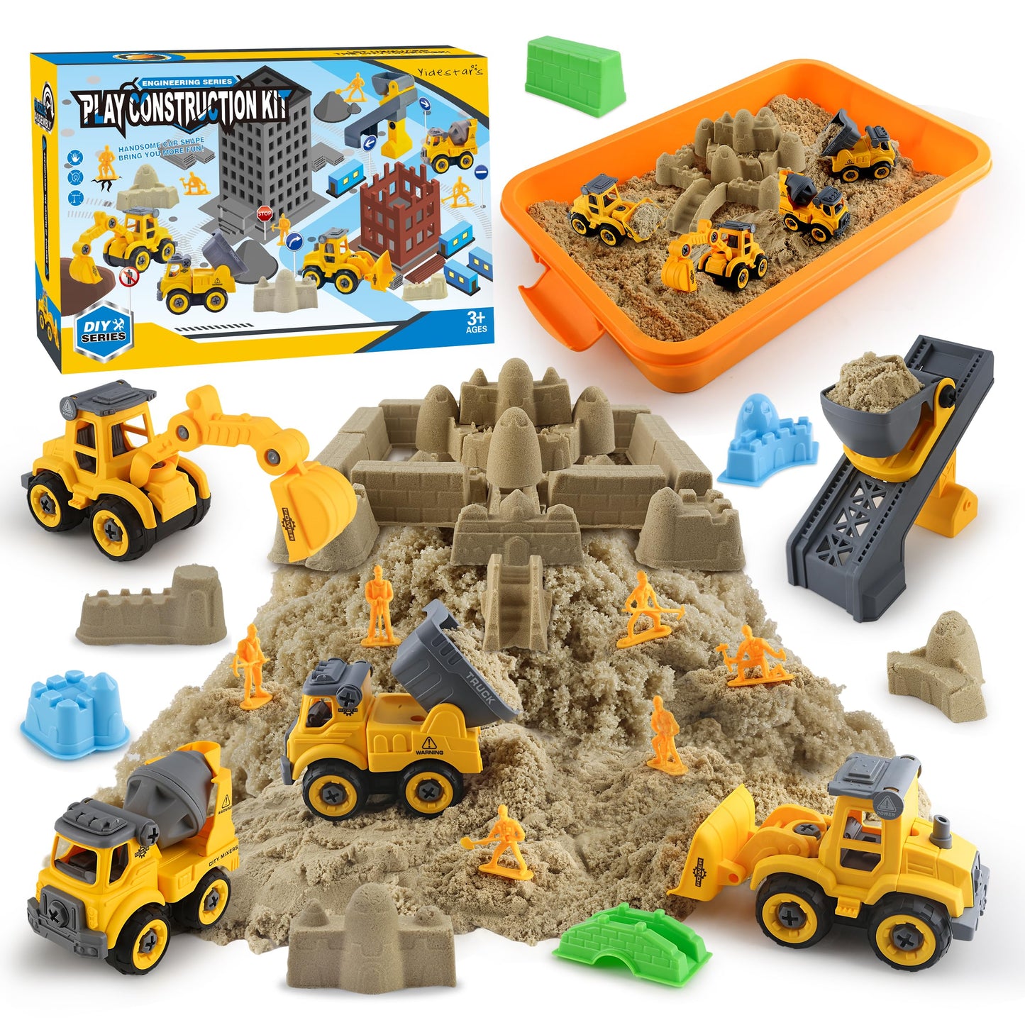 YIDESTARS Construction Sandbox with Lid – 4 Vehicles, 8 Castle Molds, 6 Figures & 3lbs Moldable Sand (Ages 3-6)