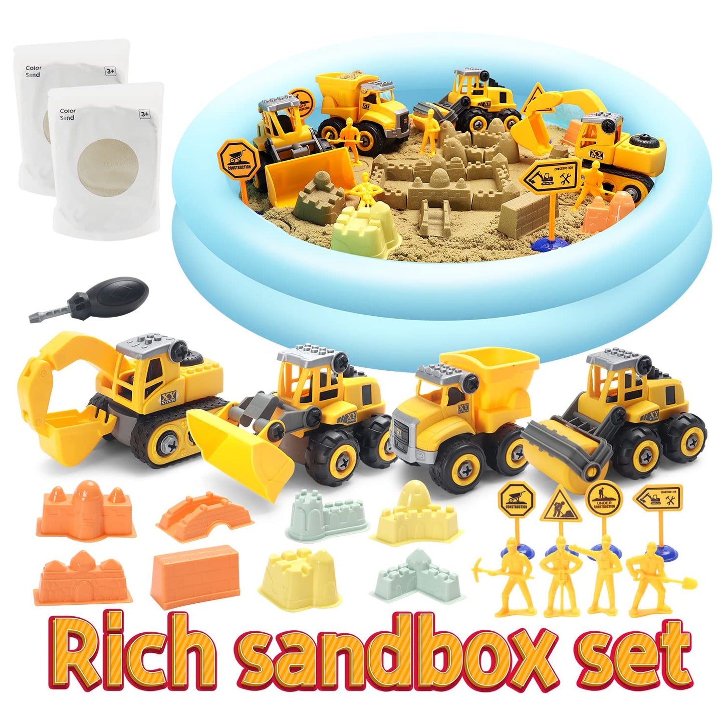 YIDESTARS Play Construction Sand Kit — 2.2 lbs Sand, 4 Take-Apart Trucks, 8 Figures & 8 Molds
