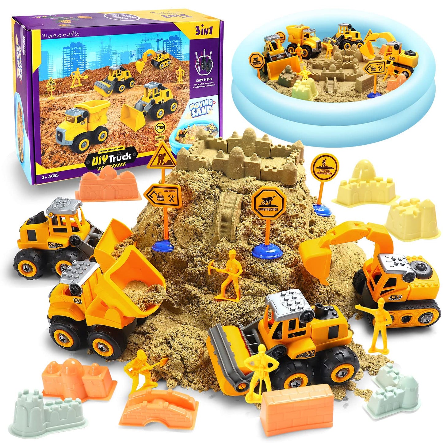 YIDESTARS Play Construction Sand Kit — 2.2 lbs Sand, 4 Take-Apart Trucks, 8 Figures & 8 Molds