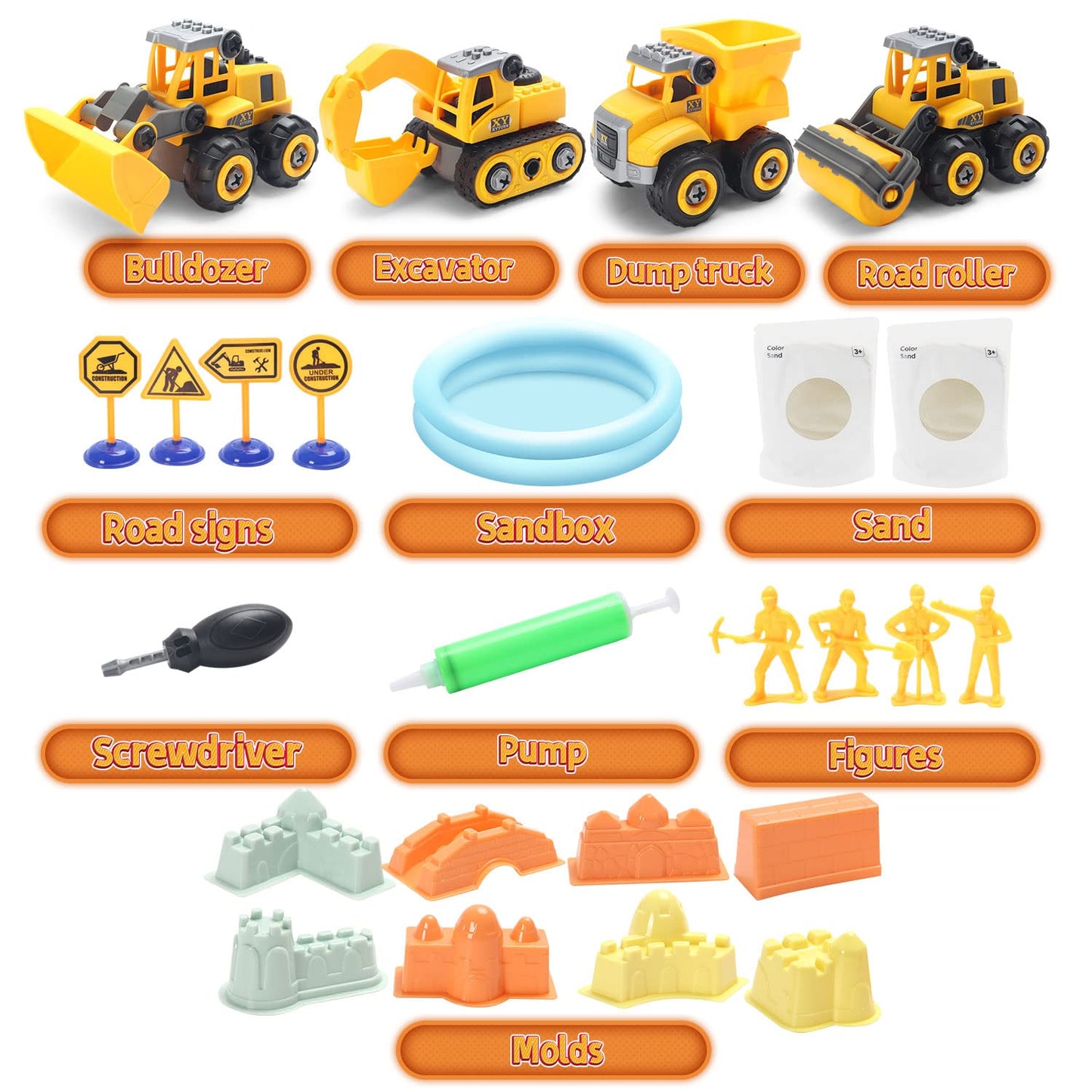 YIDESTARS Play Construction Sand Kit — 2.2 lbs Sand, 4 Take-Apart Trucks, 8 Figures & 8 Molds