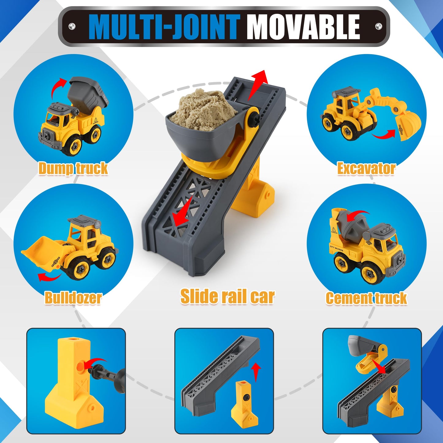 YIDESTARS Construction Sandbox with Lid – 4 Vehicles, 8 Castle Molds, 6 Figures & 3lbs Moldable Sand (Ages 3-6)