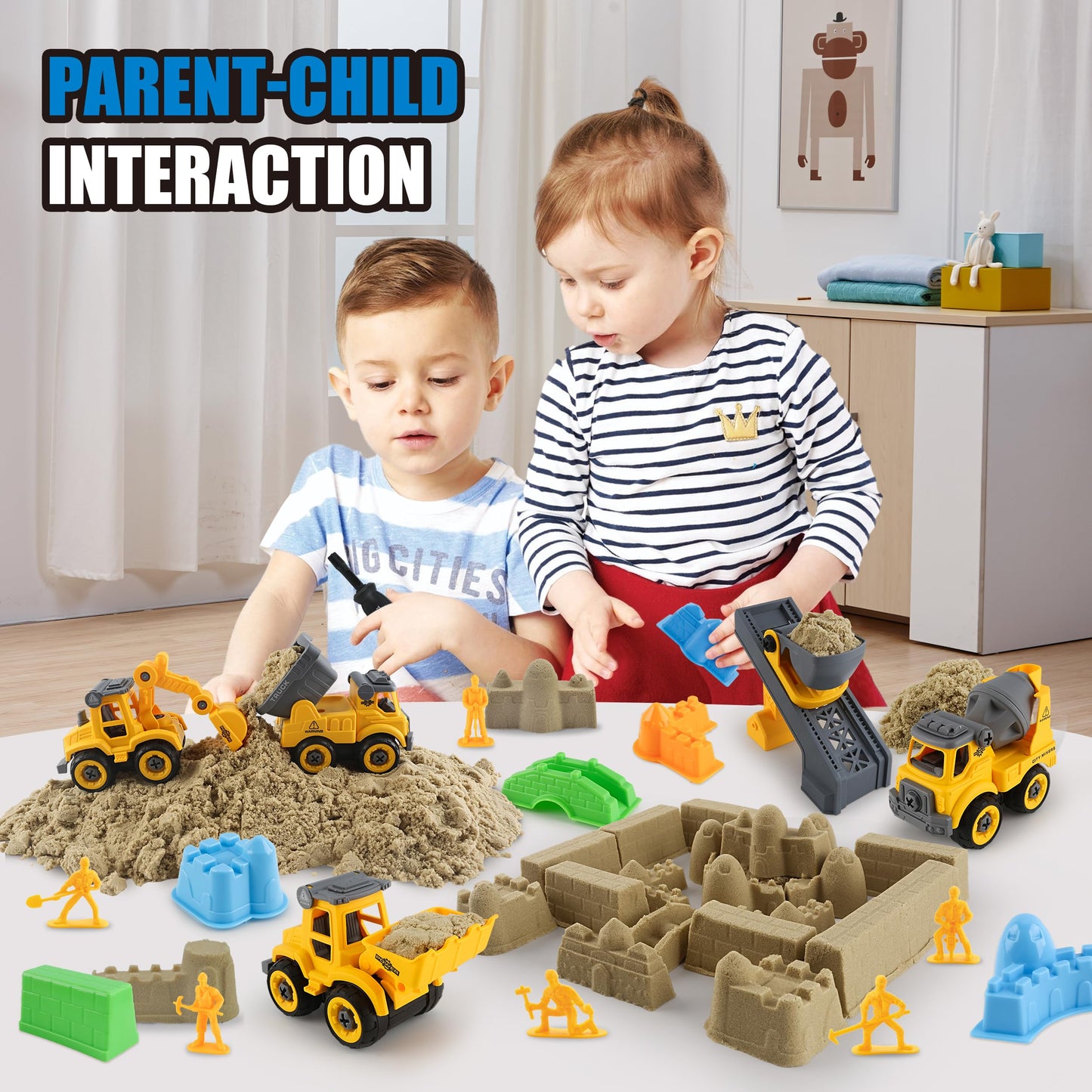 YIDESTARS Construction Sandbox with Lid – 4 Vehicles, 8 Castle Molds, 6 Figures & 3lbs Moldable Sand (Ages 3-6)