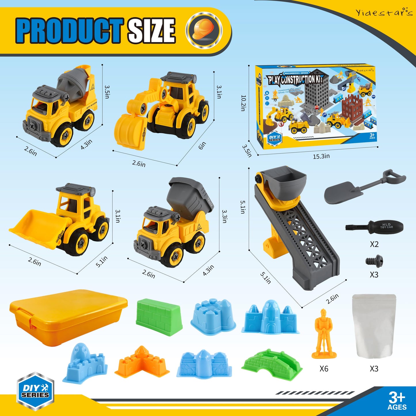 YIDESTARS Construction Sandbox with Lid – 4 Vehicles, 8 Castle Molds, 6 Figures & 3lbs Moldable Sand (Ages 3-6)