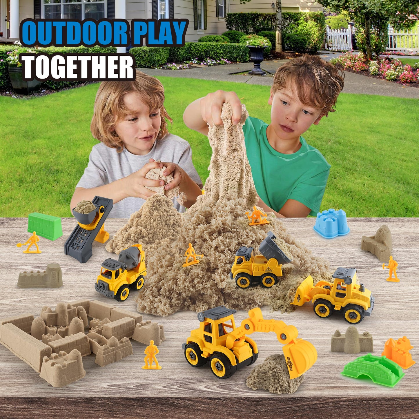 YIDESTARS Construction Sandbox with Lid – 4 Vehicles, 8 Castle Molds, 6 Figures & 3lbs Moldable Sand (Ages 3-6)