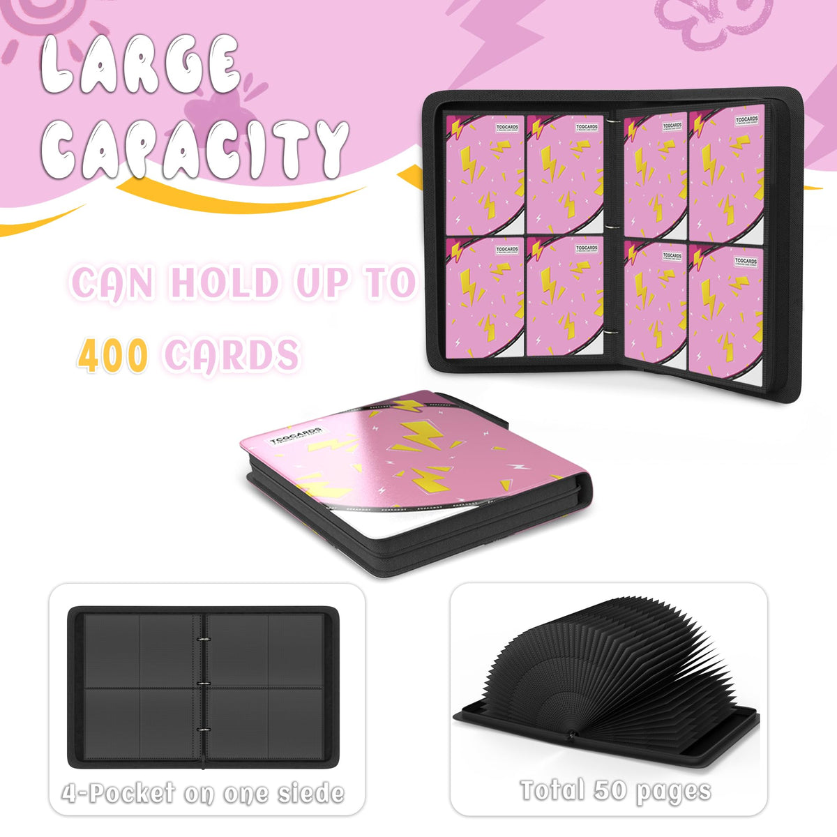 Yifan Trading Card Binder 4-Pocket – 400 Cards, 50 Sleeves, 3-Ring Zip (Pink)